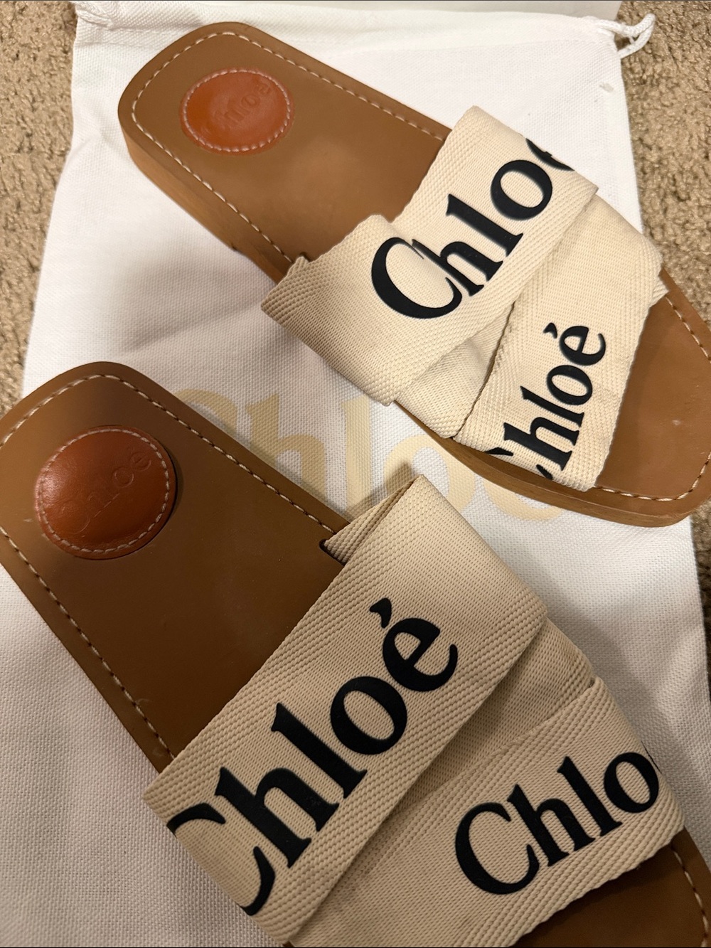 Chloé Beige Canvas Logo Slide Sandals with Tan Leather Footbed
